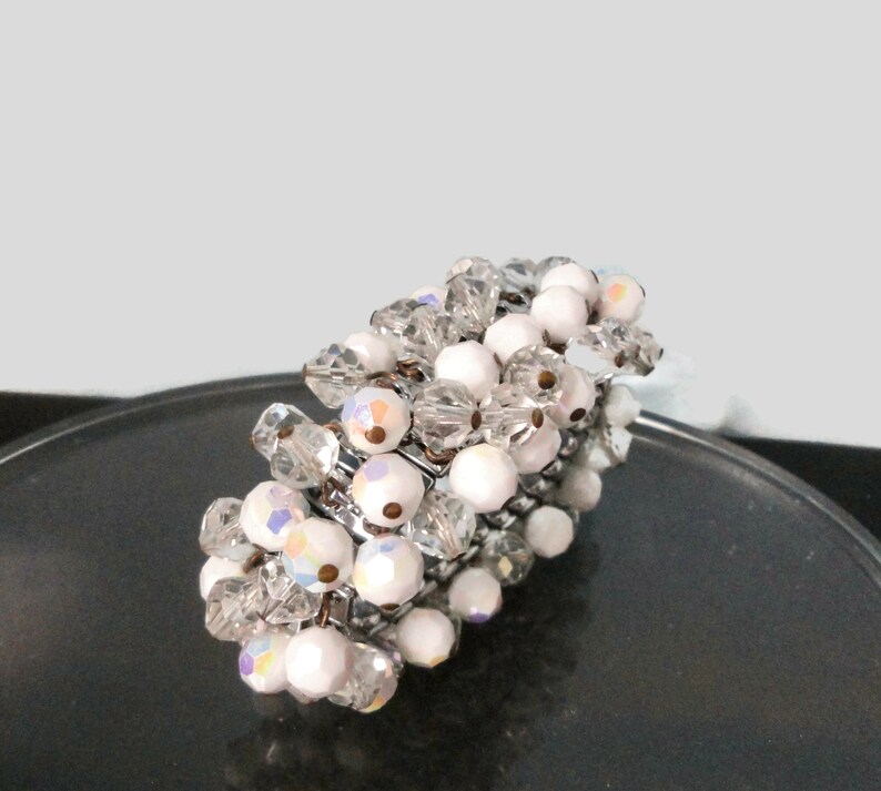 Vintage AB White and Clear Glass Faceted Beads Stretch Bracelet. JAPAN. Cha-Cha Bracelet image 8