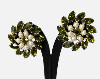 Vintage B.David Silver tone with Olive Green Rhinestones and Faux Pearls clip Earrings.