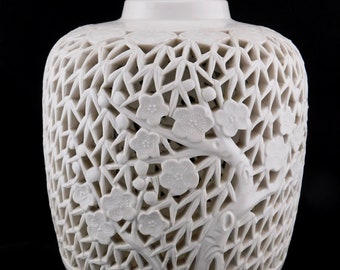 Vintage  Chinese Blanc-De-Chine Reticulated Prunus Blossoms Design Lamp Base.