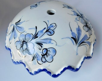 Vintage  ITALIAN  Hand Painted Delft Blue Floral Porcelain Canopy Ceiling Cap/ Lamp Part/ Altered Art.