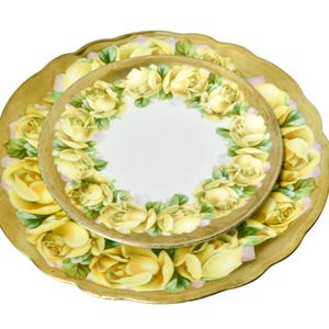 Antique PM Porzellanfabrik Moschendorf Bavaria Hand Painted Yellow Roses Plate Set of 2.