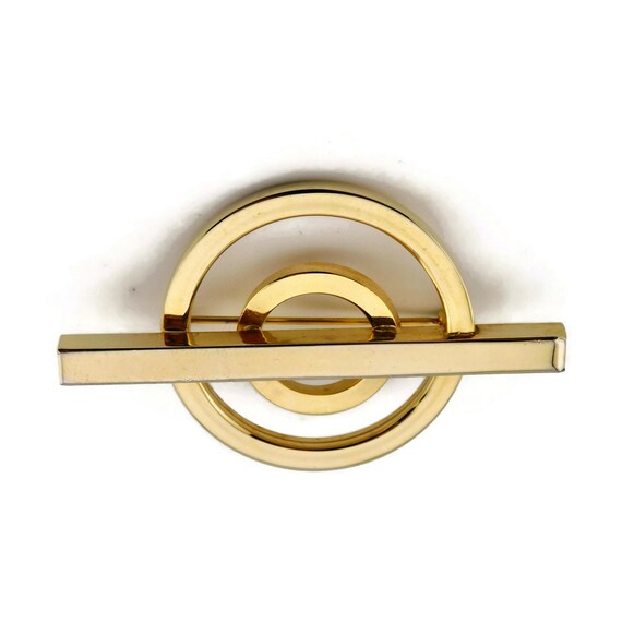 1980s Gold tone Modernist Brooch. Circles and Bar… - image 9