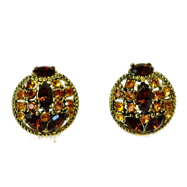 Vintage  HOLLYCRAFT Antique Gold tone, Topaz and Yellow Rhinestones Earrings. Fall Colors Earrings.