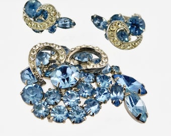 WEISS Silver tone Blue and Clear Rhinestones Demi Parure. Brooch and Earrings.