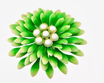 Vintage Shades of Green Enamel MOD Flower with Faceted Milk Glass Rhinestones Brooch/Pin.