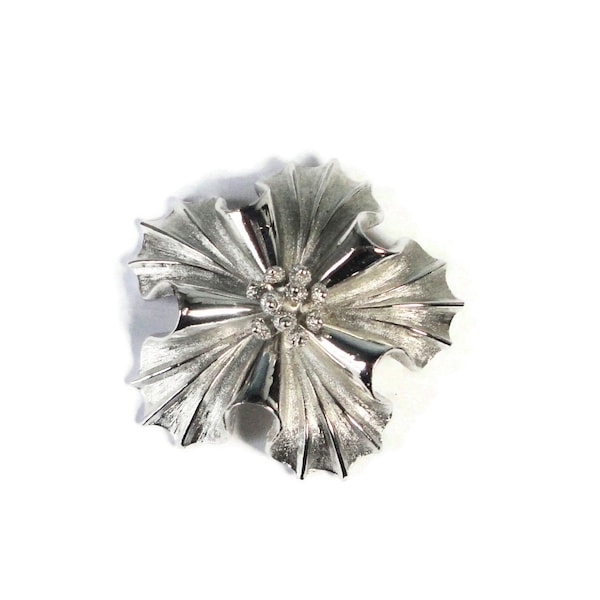 CORO Brushed and Polished Silver tone Flower Brooch, Pin.