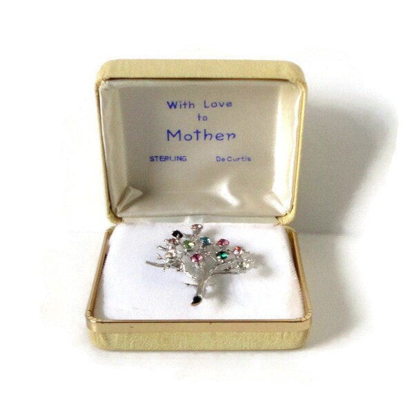 De Curtis Sterling with Rhinestones Tree Brooch. With Love To Mother.