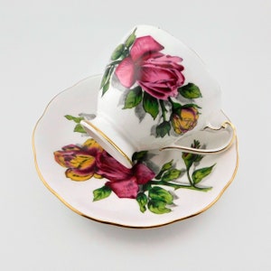 Vintage ROSLYN China ShadowRose Teacup and Saucer. Fine Bone China. England.
