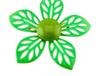 Vintage  Shades of Green Enamel Open Work Petals Metal Flower Brooch. Neon Green  Flower Power Pin.
