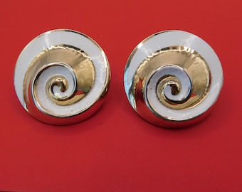 Vintage CORO Gold tone and White Enamel Spiral Shaped Clip on Earrings.