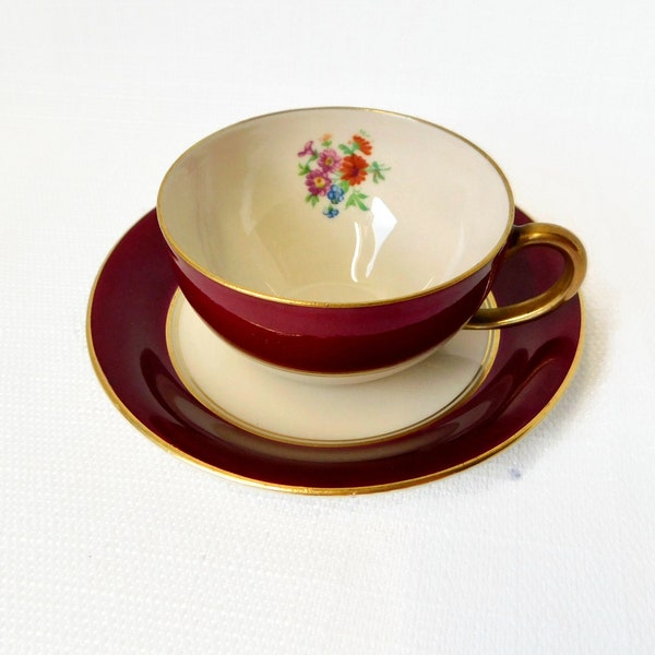 Vintage ARABIA Suomi  Made in Finland Crimson and beige Floral Demitasse Cup and Saucer.