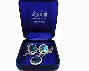 ARIKI Rhodium Plated Abalone Earrings and Necklace. NZ Paua.