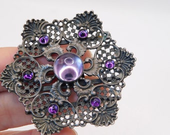 Vintage German Silver tone Art Nouveau Style with Amethyst color Glass Cabochons Buckle Brooch