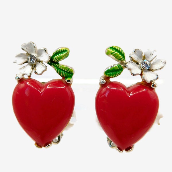 Vintage  Red Lucite Heart  with enameled Flower Earrings.