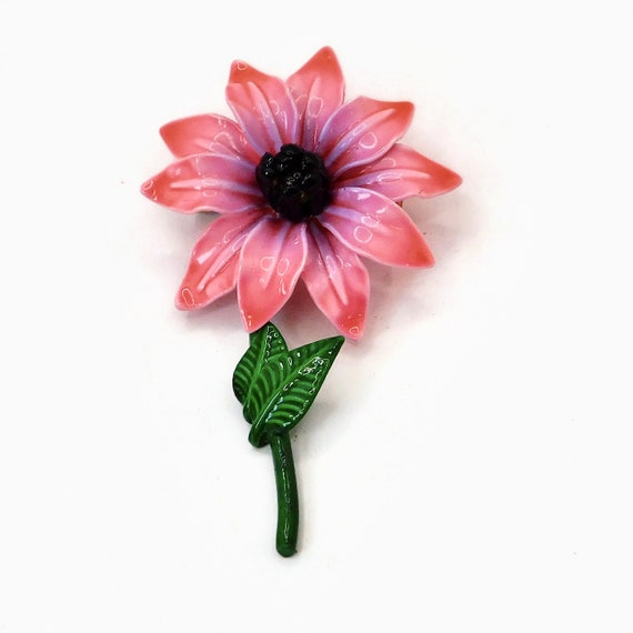 1960s Pink Enameled Metal Flower Brooch.