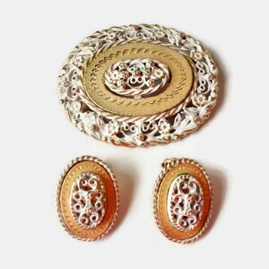Vintage Gold Tone and White Enamel Oval Brooch and Earrings Set Marked PAT.156452