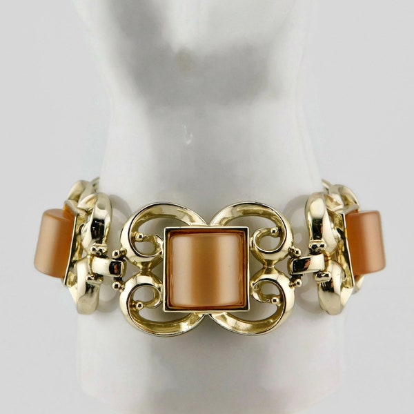 Vintage Gold with Peach Color Moon Glow  Square Thermoset  Bracelet.