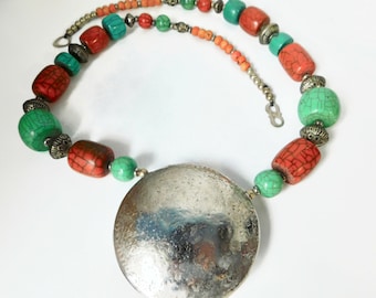 Vintage Boho/Tribal Large Beads and Metal Pendant Necklace. Boho Long and Large Necklace.