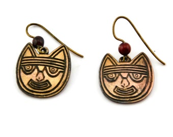 Copper Pre-Colombian Cat Museum Replica Earrings. LAM stamped. The Lowe Art Museum.RARE