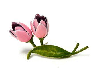 Gorgeous  Pink Enameled Tulip Flowers Brooch.