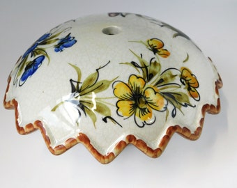 Vintage ITALIAN Hand Painted Ceramic Floral Canopy Ceiling Cap/ Lamp Part/ Altered Art.