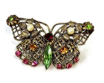 Vintage Butterfly Brooch in Antique Gold tone Filigree with  Colorful Rhinestones and Pearls.