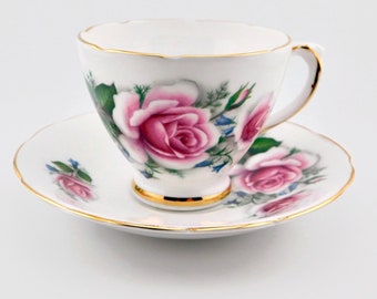 DELPHINE Bone China Pink Roses Teacup and Saucer. Made in England.