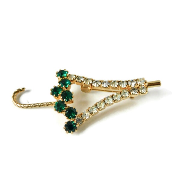 Vintage Clear and Emerald Green Rhinestones UMBRELLA Brooch/Pin