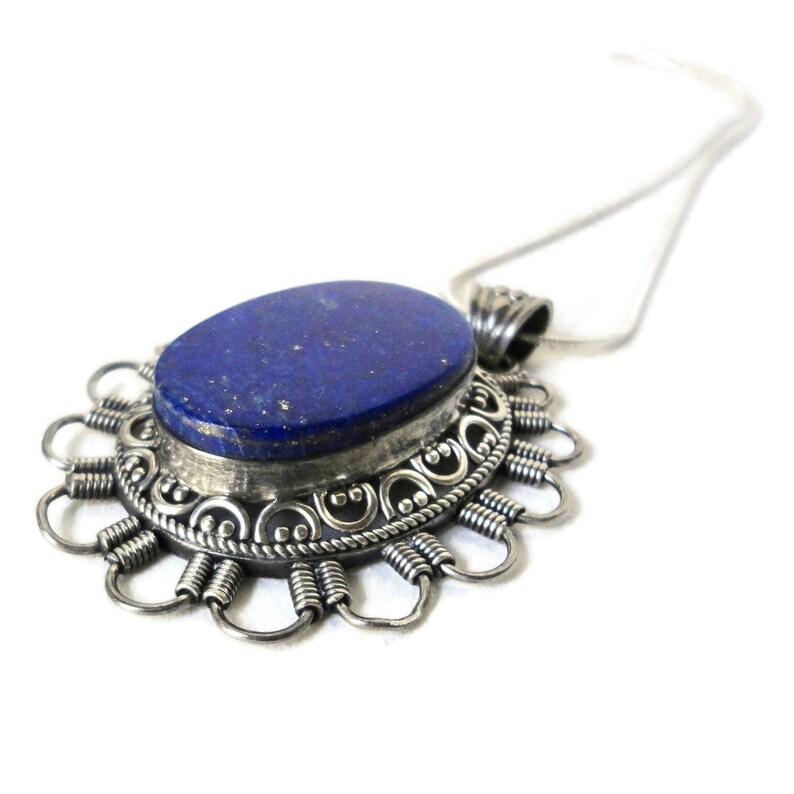 Vintage Ornate 925 S. Silver with Large Oval Lapis Lazuli Pendant with snake Chain. image 1