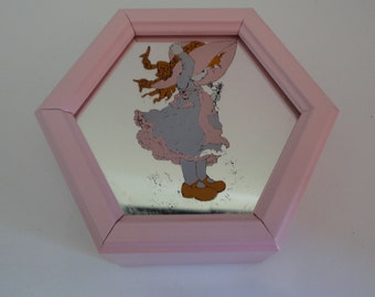 Little Girl Reverse Painted Mirror and Pink Wooden Box.Made in Italy by PILM.