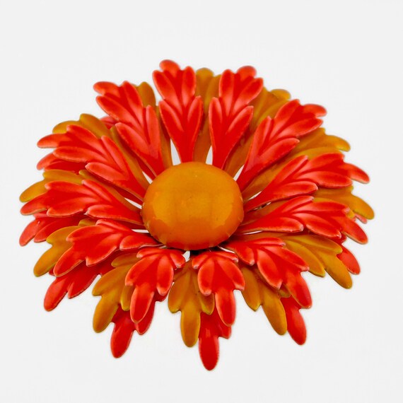 1960s Orange and Yellow Enameled Flower Brooch - image 4