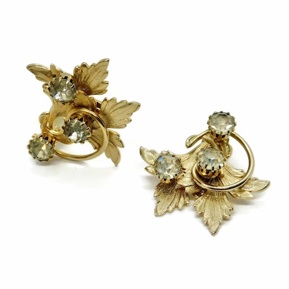 Leaves and Rhinestones Gold tone Clip Earrings. - image 1