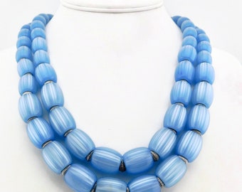 Gorgeous TRIFARI with Crown  Two Strands Blue Lucite Necklace and Earrings Set