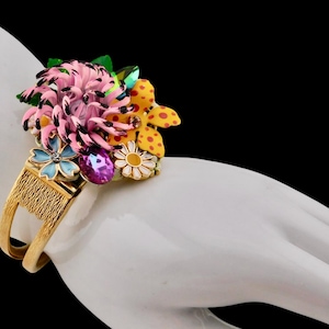 Fun Colorful Enamel Flowers and Rhinestones Hinged Clamper Bracelet.