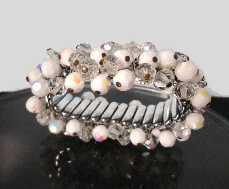 Vintage AB White and Clear Glass Faceted Beads Stretch Bracelet. JAPAN. Cha-Cha Bracelet image 7