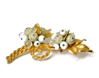 Vintage Gold Tone with Milk Glass and Clear Glass Beads Cluster Floral Brooch. 3.5"L