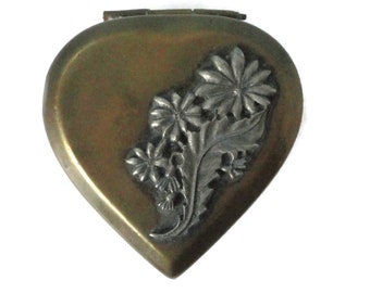 Vintage Heart Shaped Brass and Pewter  Metal Hinged Trinket Box. Floral Pewter Motif on the Lid.