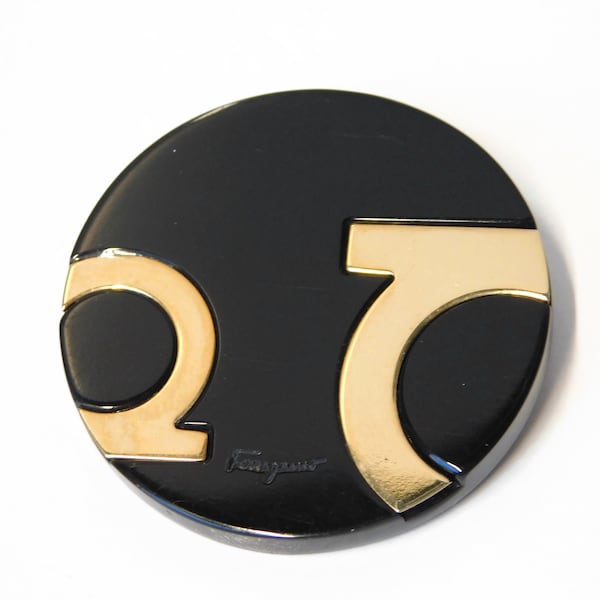 Vintage SALVATORE FERRAGAMO Black Lucite and Gold Brooch