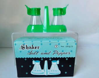 1970s Green and Clear Salt and Pepper Shakers with Caddy. Mint with box. Hong Kong