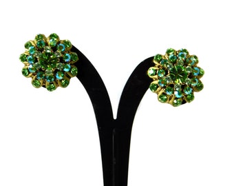 Vintage Gold tone Peridot Green and AB Green Rhinestones Clip Earrings.