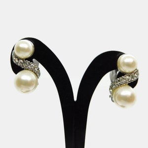 Silver-tone with Simulated White Pearls and Clear Rhinestones Earrings. Clip on Earrings.