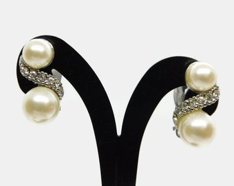 Silver-tone with Simulated White Pearls and Clear Rhinestones Earrings. Clip on Earrings.