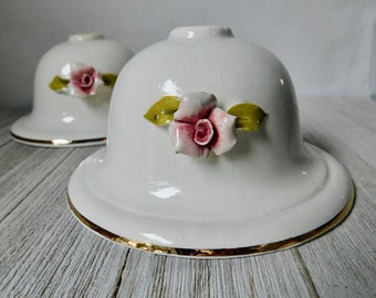 Vintage White and Gold with Hand Made Applied Pink Roses Ceramic Cup/Bobeche for Chandeliers. Altered Art. Hard to Find. 1pc