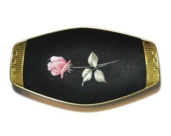 Vintage Plankenhammer Floss 24K gold on Black with Rose Oval bowl. Bavaria. Germany.