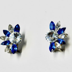 1980s Blue and Clear Rhinestones Wendy Gell Style Pierced Clip Earrings. image 1
