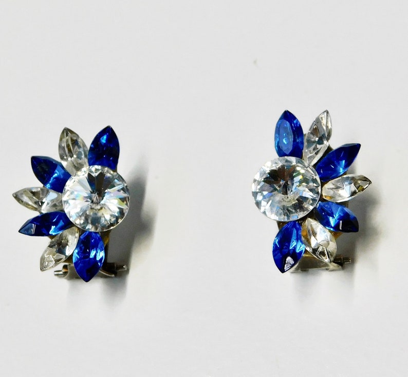 1980s Blue and Clear Rhinestones Wendy Gell Style Pierced Clip Earrings. image 1