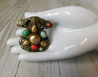 Vintage  Antique Gold tone Multi - Color Cabochons Brooch, Pin.