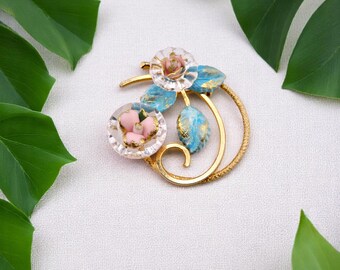 Vintage Floral  Brooch Revamped with, Glass Porcelain and Enamel. Gold,Clear, Blue and Pink.