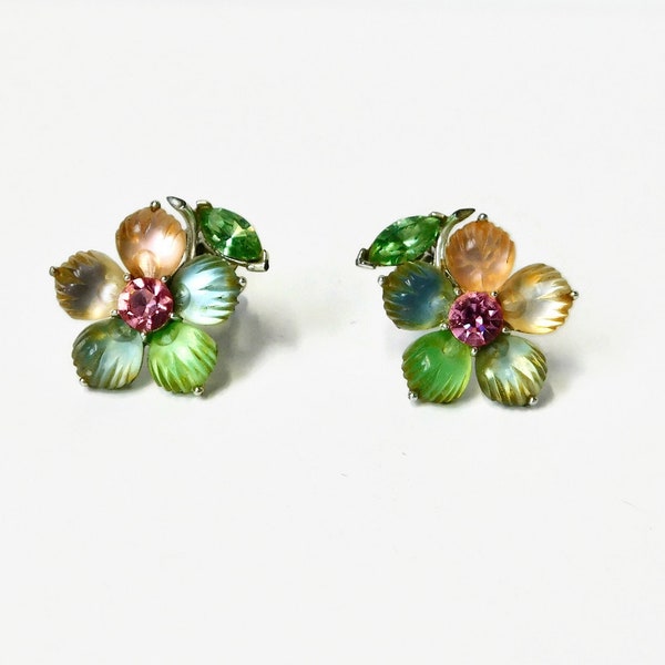 Vintage LISNER Pastel Colors Molded Lucite  Petals Flower and Rhinestones Earrings.