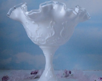 Vintage FENTON Art Glass Silver Crest Milk Glass Compote